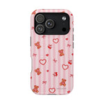 Pink Teddy Hearts Love iPhone Case, Impact-Resistant MagSafe Compatible