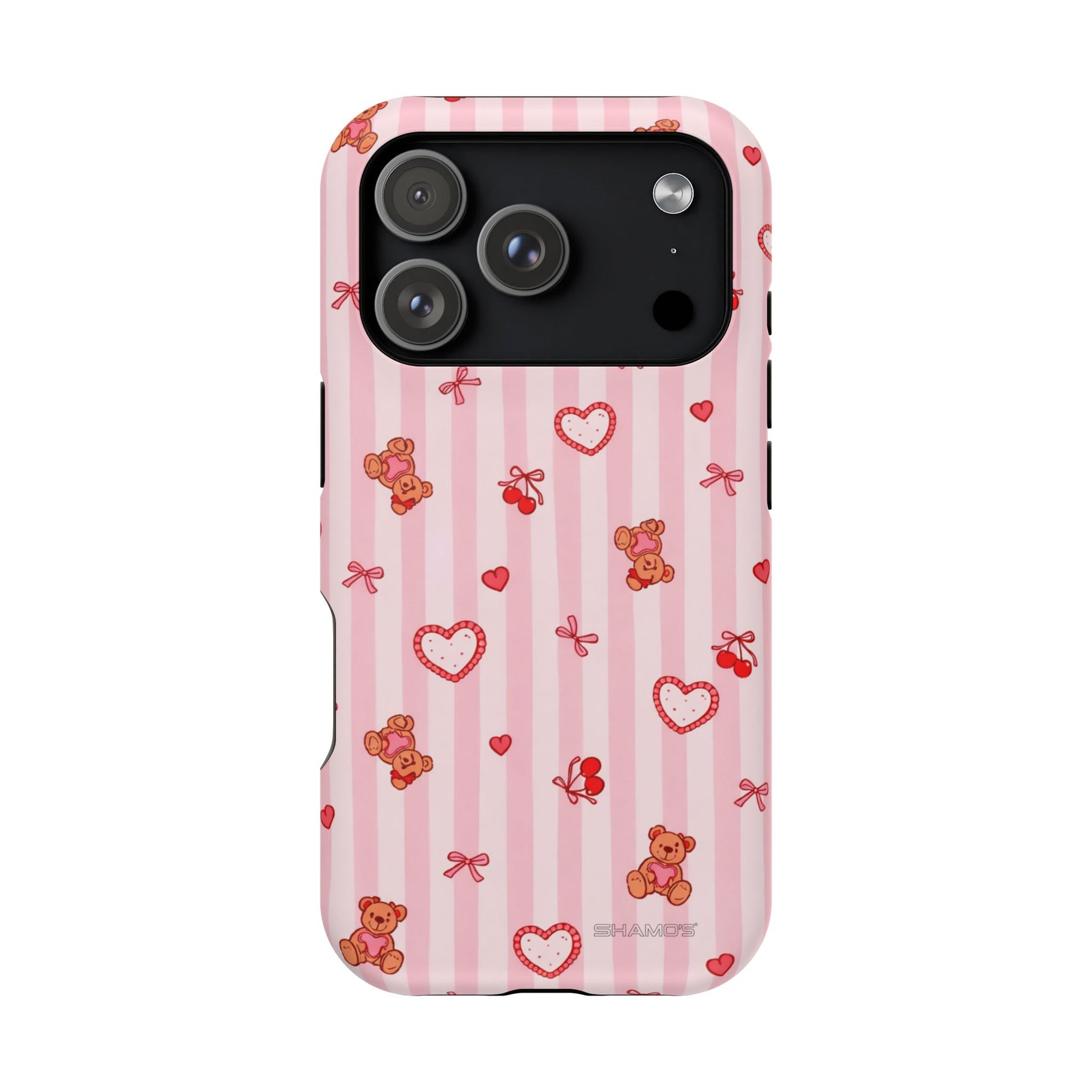 Pink Teddy Hearts Love iPhone Case, Impact-Resistant MagSafe Compatible