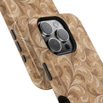 Saddle Scrolls – Tan Western Scrollwork MagSafe Phone Case, glossy square triple-camera Pro model, camera and side-button close-up