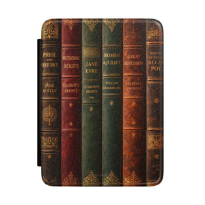 E-reader cover with a row of vintage leather-bound book spines