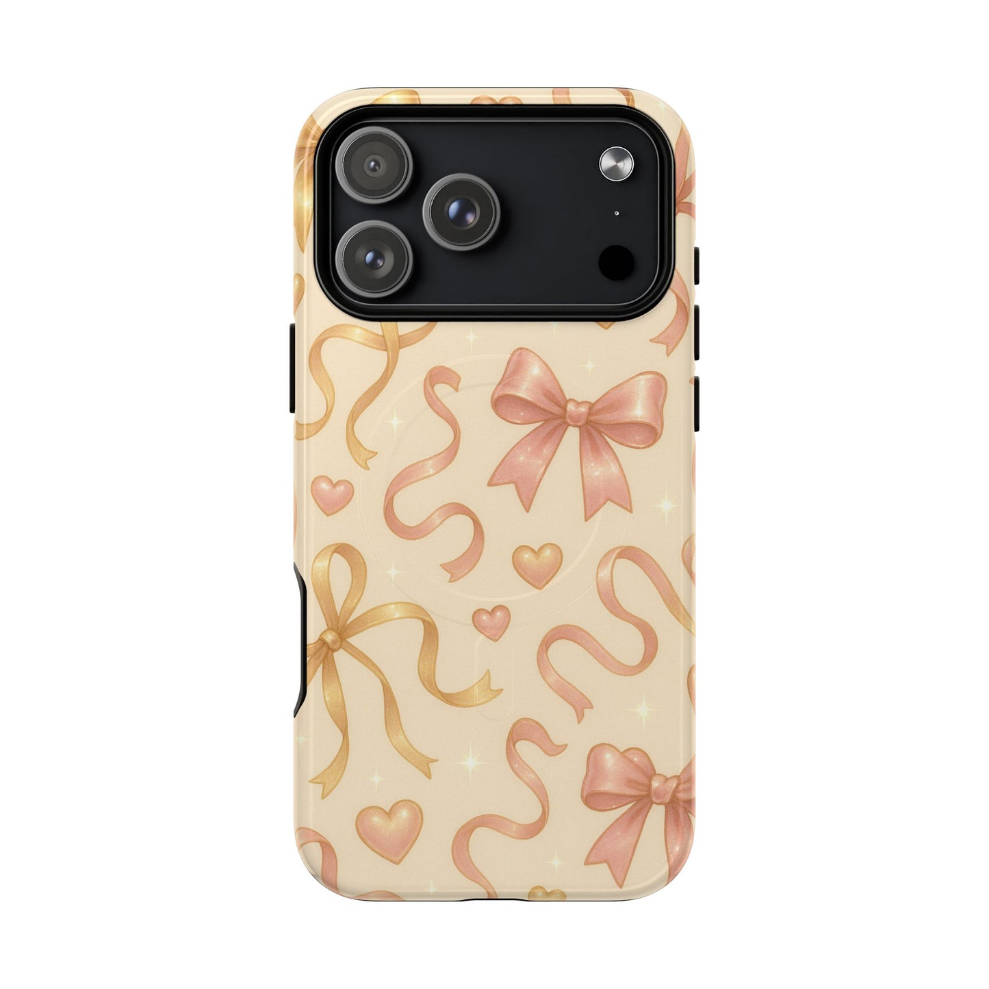 Festive Bow Charm iPhone Case — Pink & Gold Ribbon Hearts with MagSafe - Shamo's
