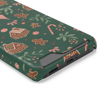Holiday Gingerbread Phone Case with Card Holder — Festive Green Candy Cane Design