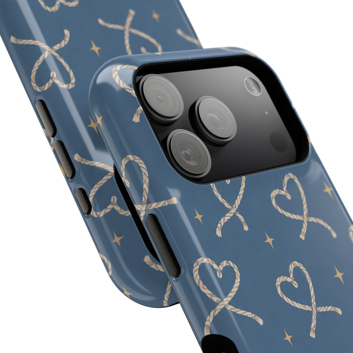 Lasso Hearts – Blue Western Heart MagSafe Phone Case, glossy compact wide-camera Pro model, camera and side-button close-up