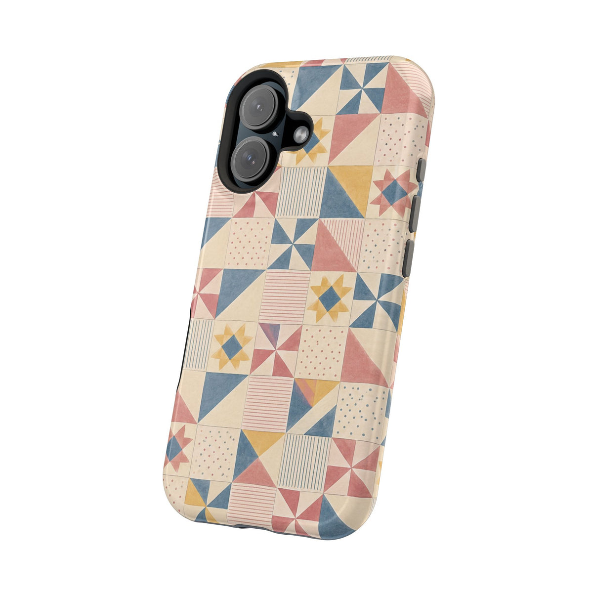 Prairie Quilt – Pastel Patchwork Pattern MagSafe Phone Case, glossy vertical dual-camera model, angled rear view