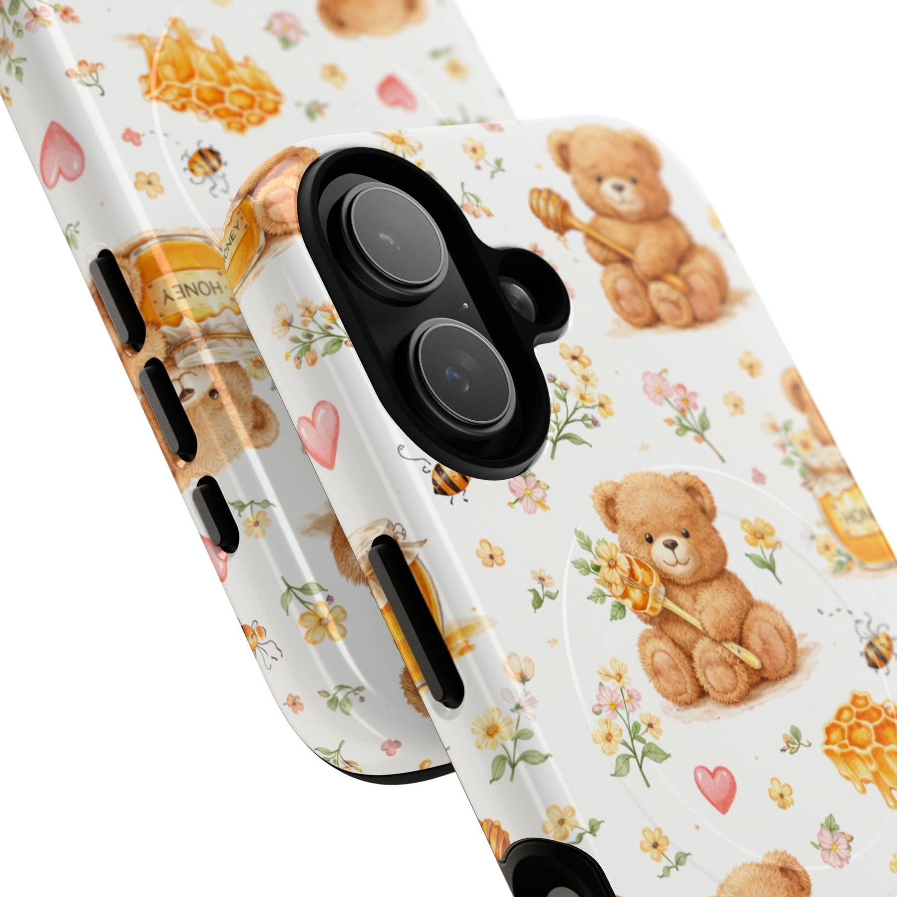 Honey Teddy Bear iPhone Case — Yellow Bee & Honey Pot Design with MagSafe