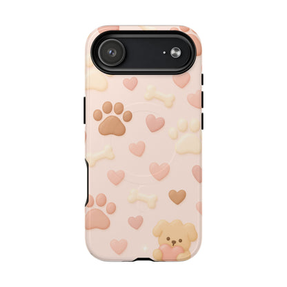 Pet Paw Pattern Phone Case — Pink Puppy Hearts & Bones with MagSafe