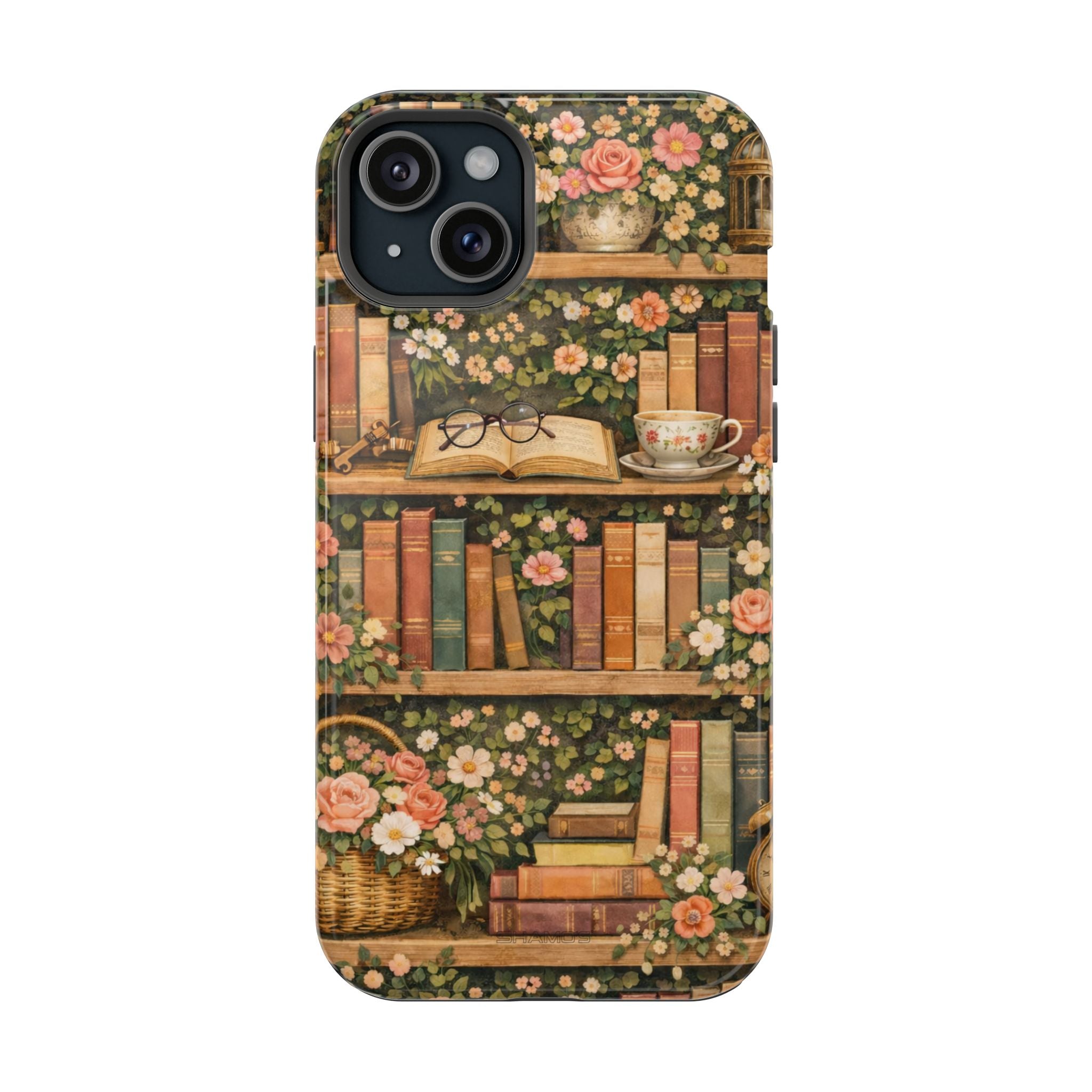 Floral Bookshelf iPhone Case — MagSafe Magnetic, Impact-Resistant - iPhone 15 Plus / Glossy - Shamo's