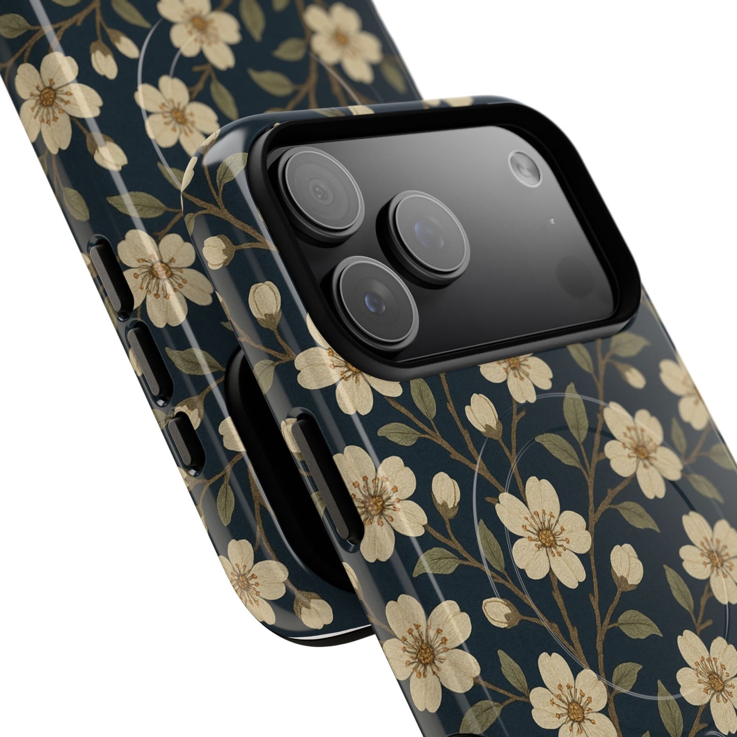Navy Cherry Blossom Floral iPhone Case - Compatible with MagSafe