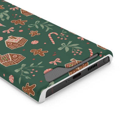 Holiday Gingerbread Phone Case with Card Holder — Festive Green Candy Cane Design
