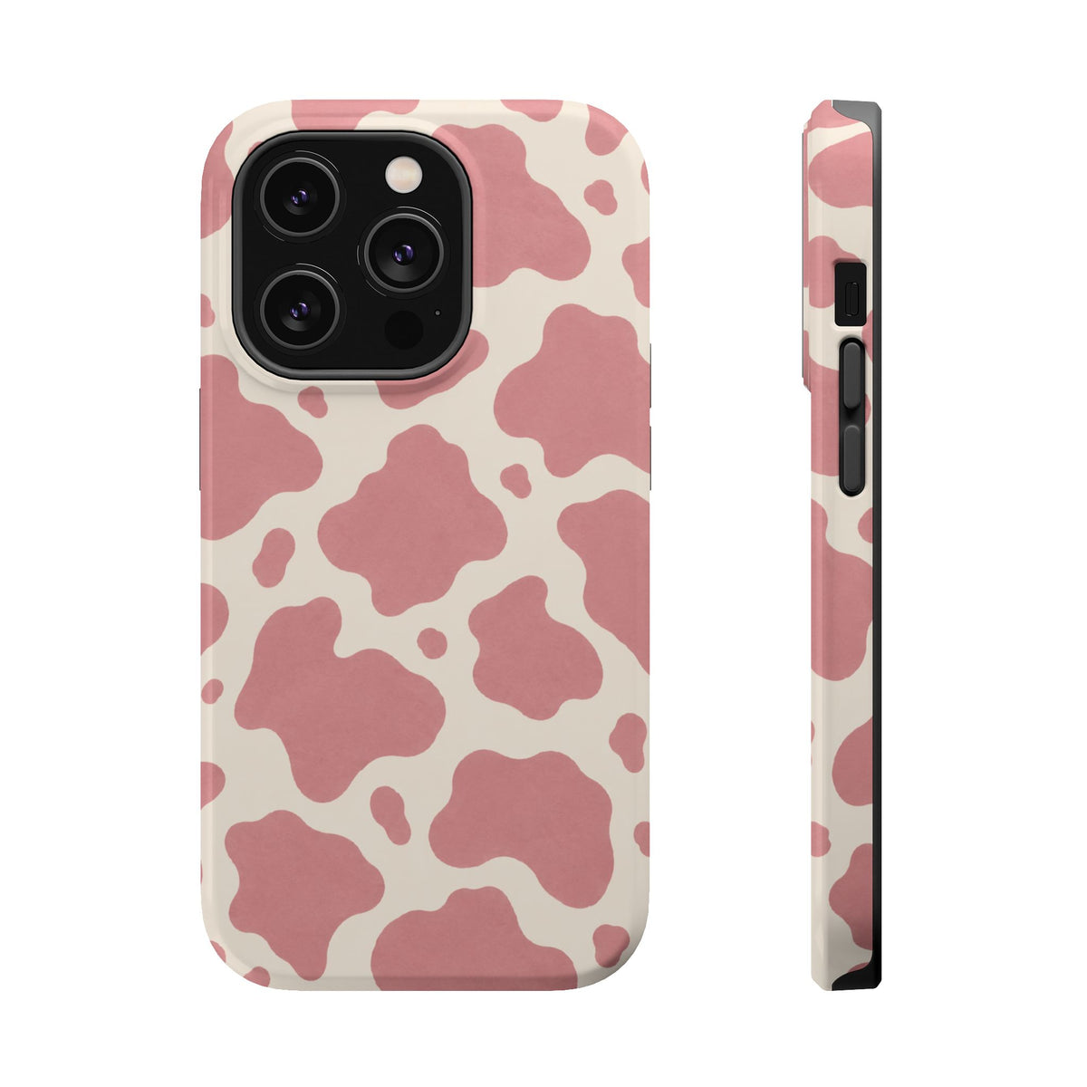 Rose Cowprint – Pink Cow Print MagSafe Phone Case, glossy iPhone 14 Pro, rear and side profile