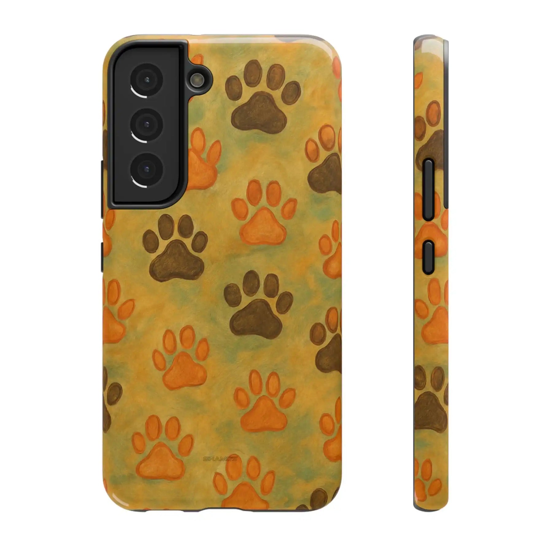 Samsung phone case with orange and brown paw print pattern, showing front and side views
