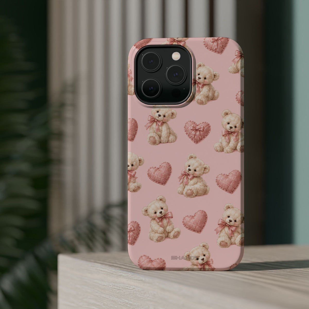 Pink Teddy Hearts Love iPhone Case, Impact-Resistant MagSafe Compatible