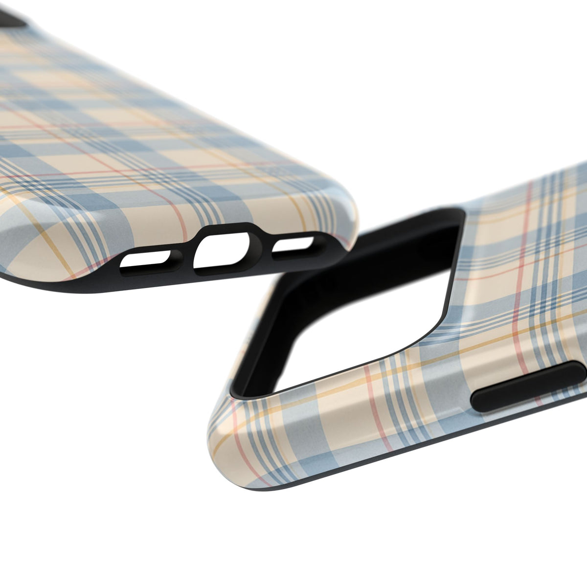 Ranch Check – Blue and Cream Plaid MagSafe Phone Case, glossy compact wide-camera Pro model, port openings and edge details