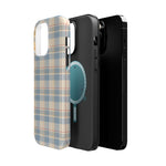 Ranch Check – Blue and Cream Plaid MagSafe Phone Case, glossy square triple-camera Pro model, exploded shell and liner with magnetic ring