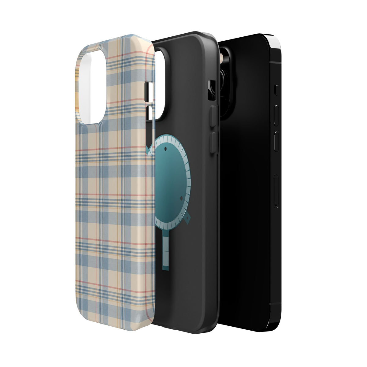 Ranch Check – Blue and Cream Plaid MagSafe Phone Case, glossy square triple-camera Pro model, exploded shell and liner with magnetic ring