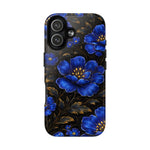 iPhone 13 case with large variant blue floral design and gold leaves on black background