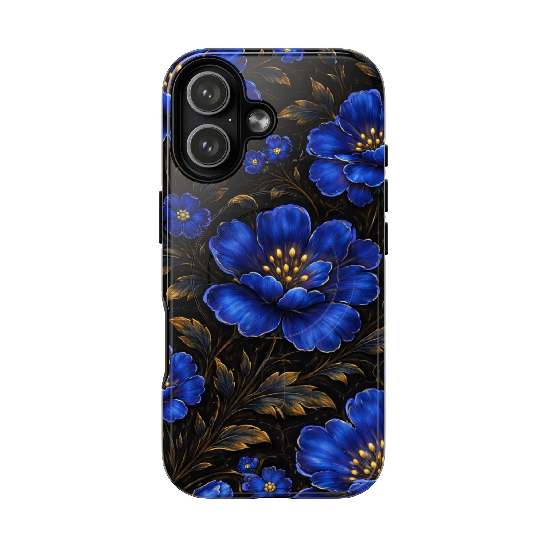 iPhone 13 case with large variant blue floral design and gold leaves on black background