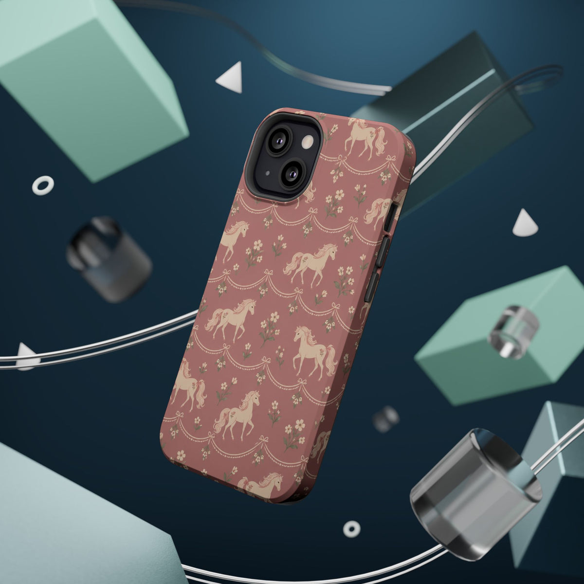 Rose Ponies MagSafe Phone Case, glossy diagonal dual-camera model, rear view with magnetic accessories