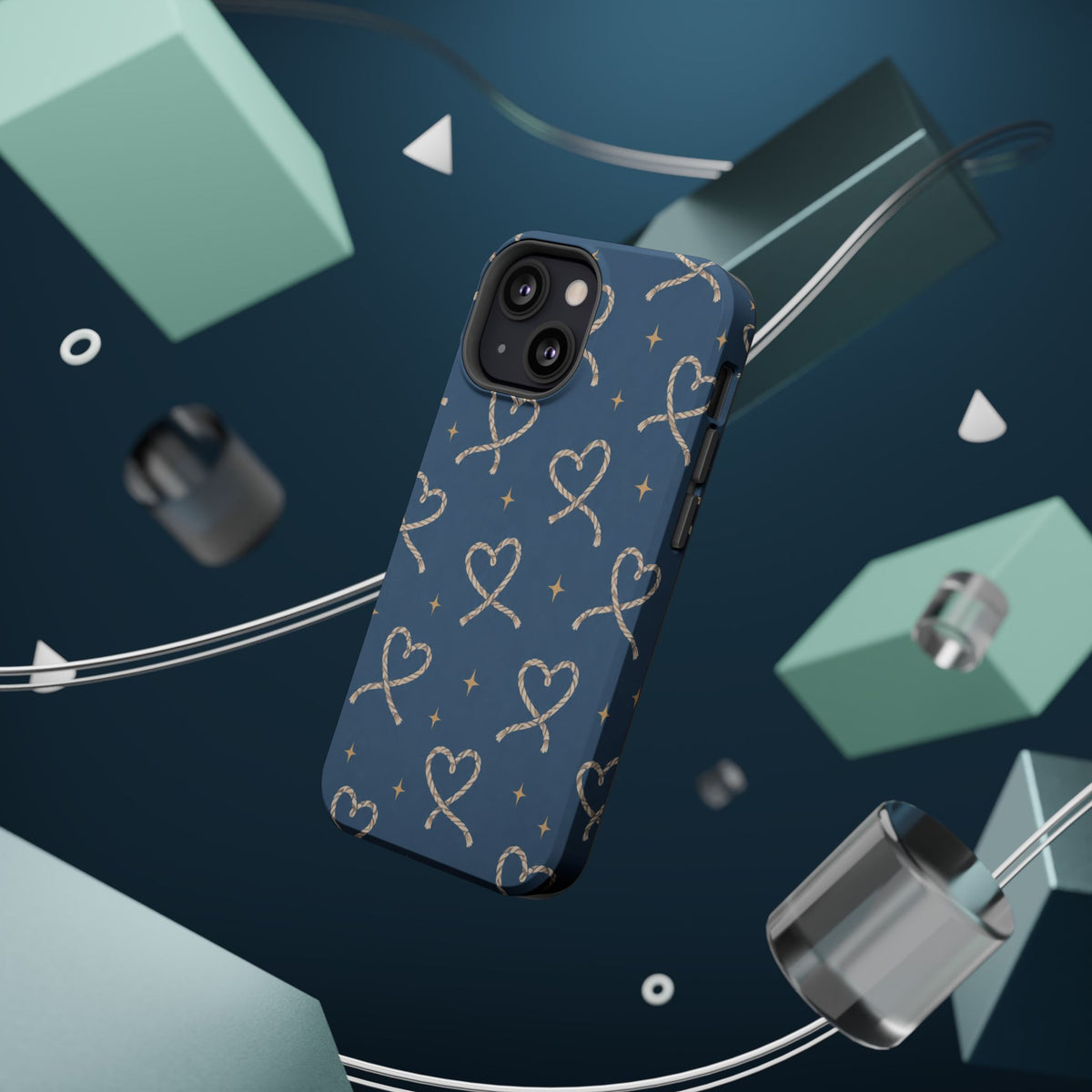 Lasso Hearts – Blue Western Heart MagSafe Phone Case, glossy diagonal dual-camera model, rear view with magnetic accessories