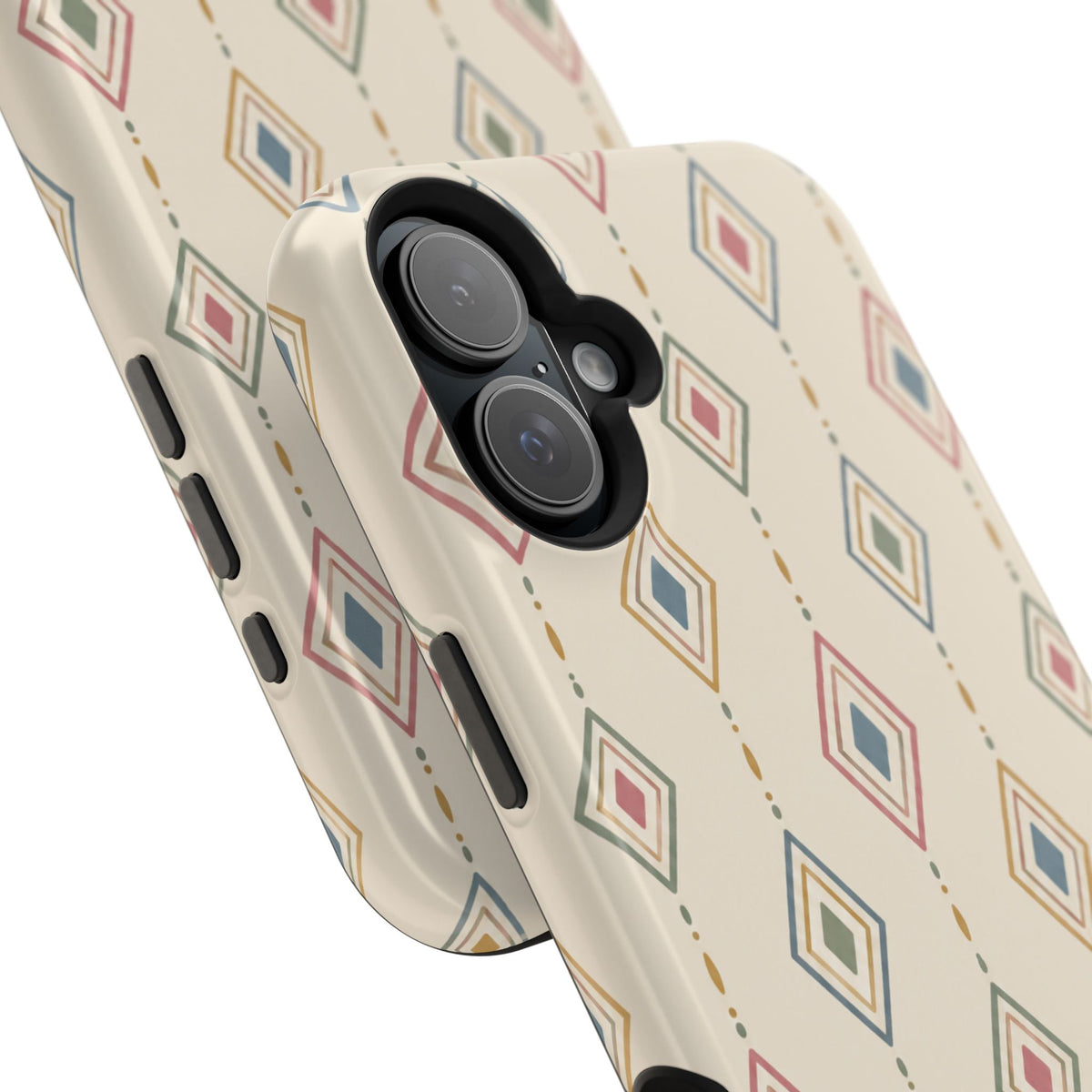 Desert Diamonds – Pastel Geometric Pattern MagSafe Phone Case, glossy vertical dual-camera model, camera and side-button close-up