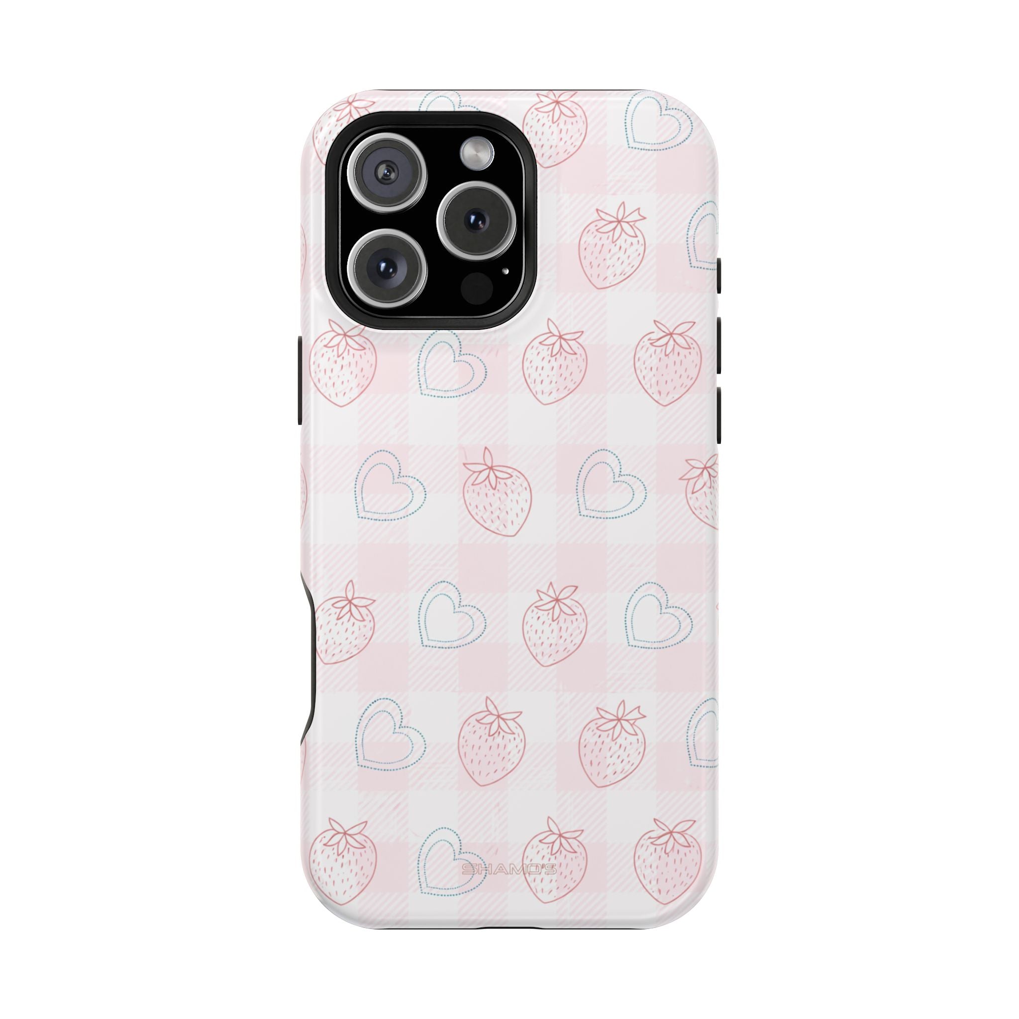 Strawberry Hearts MagSafe Compatible Phone Case | 'Paint it your way' Pink Plaid Impact-Resistant - iPhone 16 Pro Max / Glossy - Shamo's