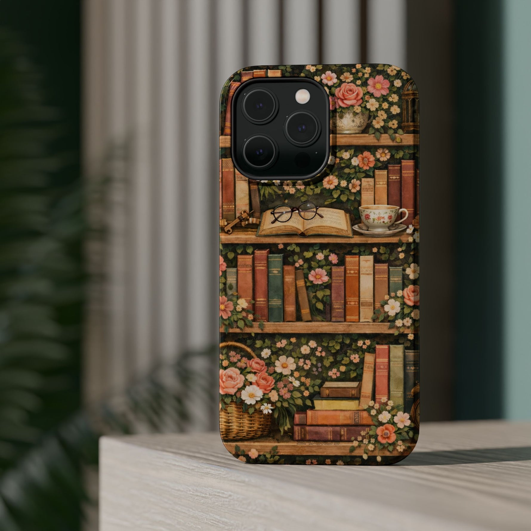 Floral Bookshelf iPhone Case — MagSafe Magnetic, Impact-Resistant