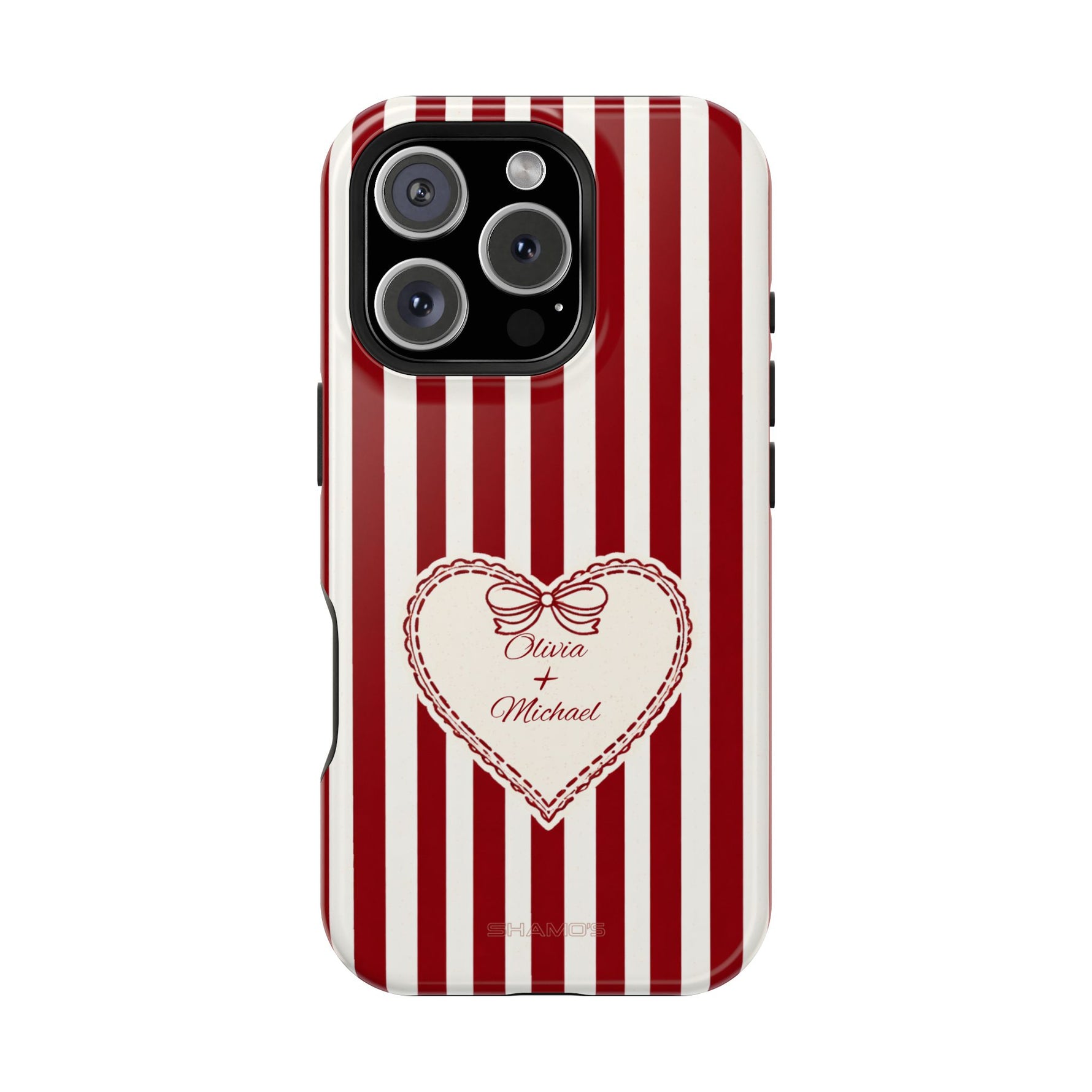 Funda personalizada a rayas — Diseño de corazón rojo y blanco (nombres personalizados)