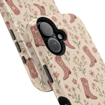 Floral Boots MagSafe Phone Case, glossy vertical dual-camera model, camera and side-button close-up