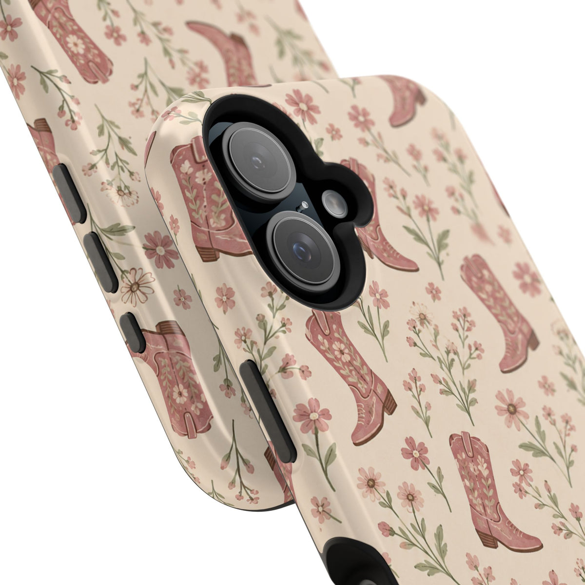 Floral Boots MagSafe Phone Case, glossy vertical dual-camera model, camera and side-button close-up