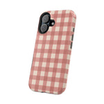 Prairie Gingham MagSafe Phone Case, glossy vertical dual-camera model, angled rear view
