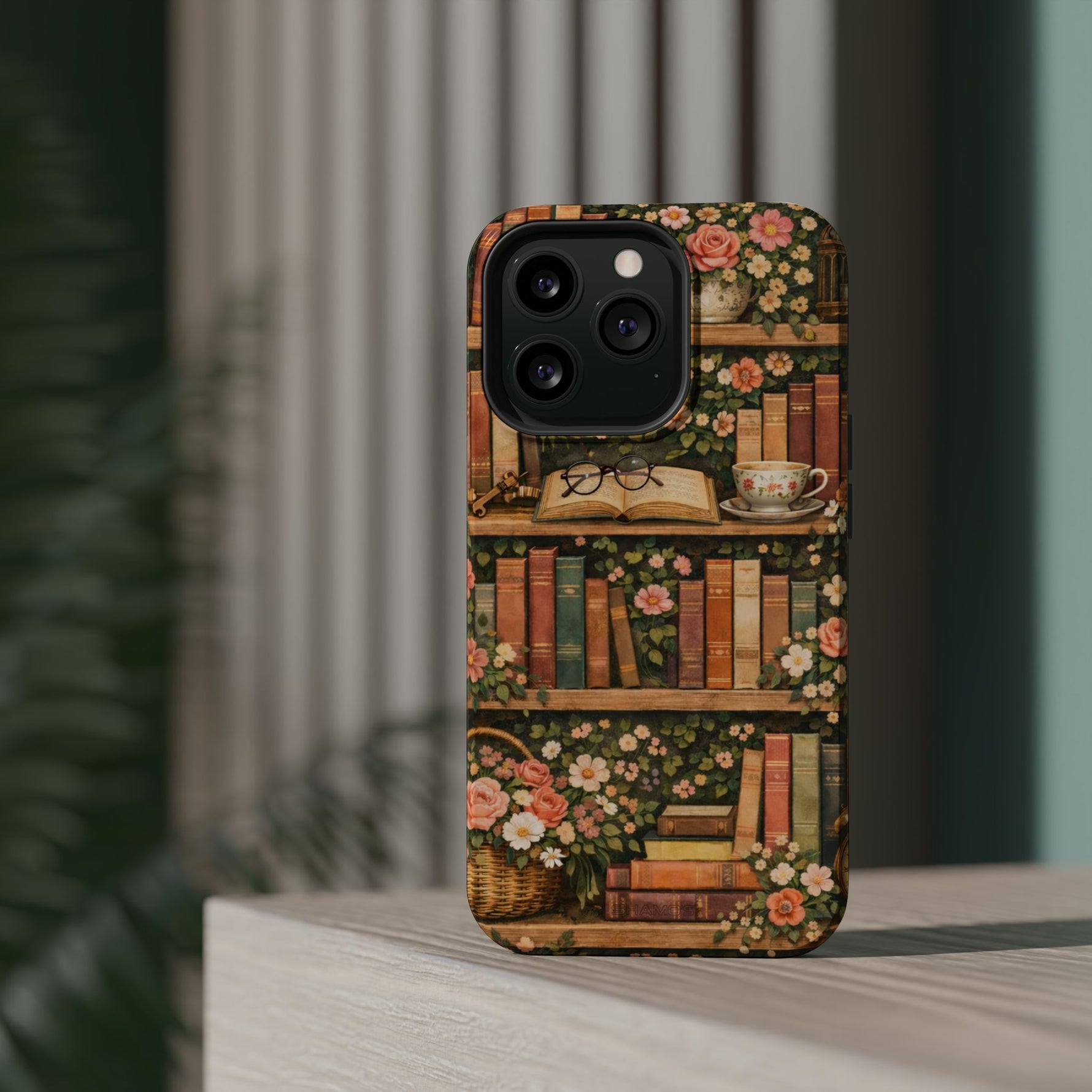 Floral Bookshelf iPhone Case — MagSafe Magnetic, Impact-Resistant