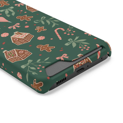 Holiday Gingerbread Phone Case with Card Holder — Festive Green Candy Cane Design