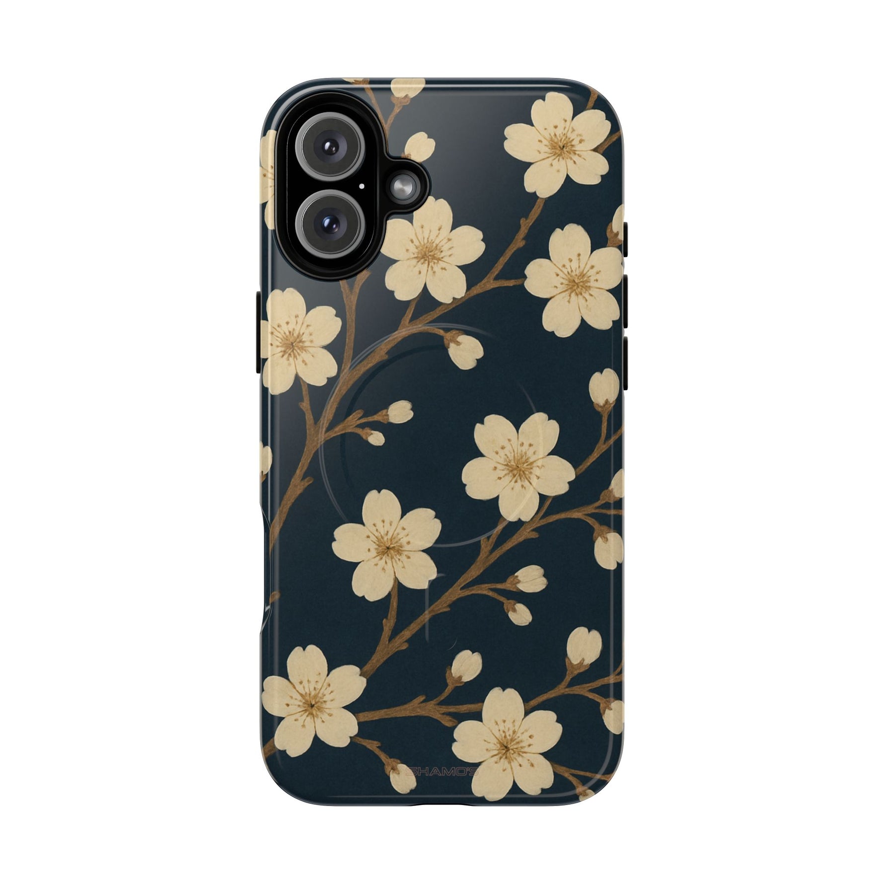 Navy Cherry Blossom Floral iPhone Case - Compatible with MagSafe