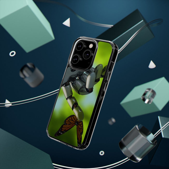 Clear Cases for iPhone 14 Series with Robotic hand and Butterfly.