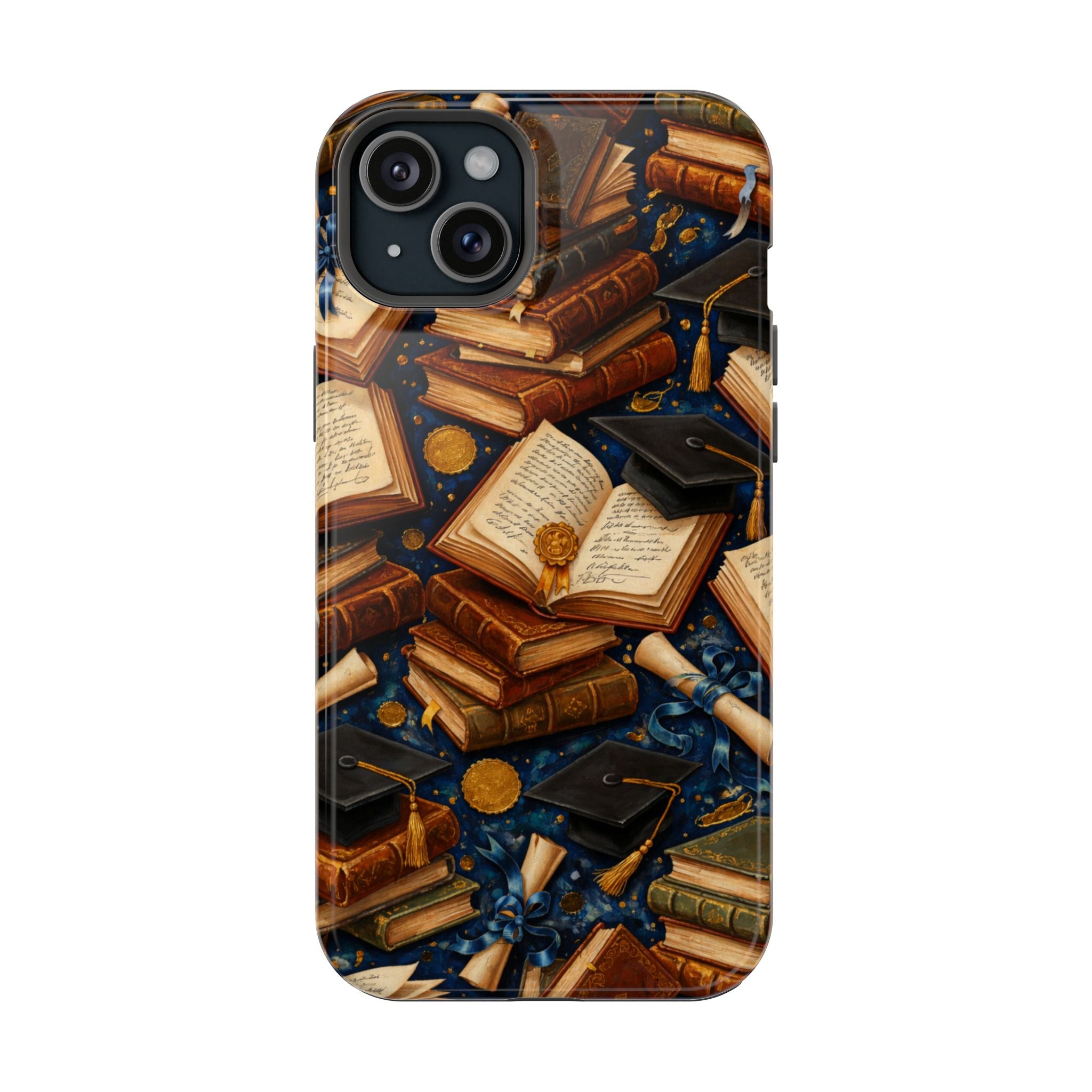 Vintage Books & Graduation Caps MagSafe Phone Case, Impact-Resistant Graduation Gift - iPhone 15 Plus / Glossy - Shamo's