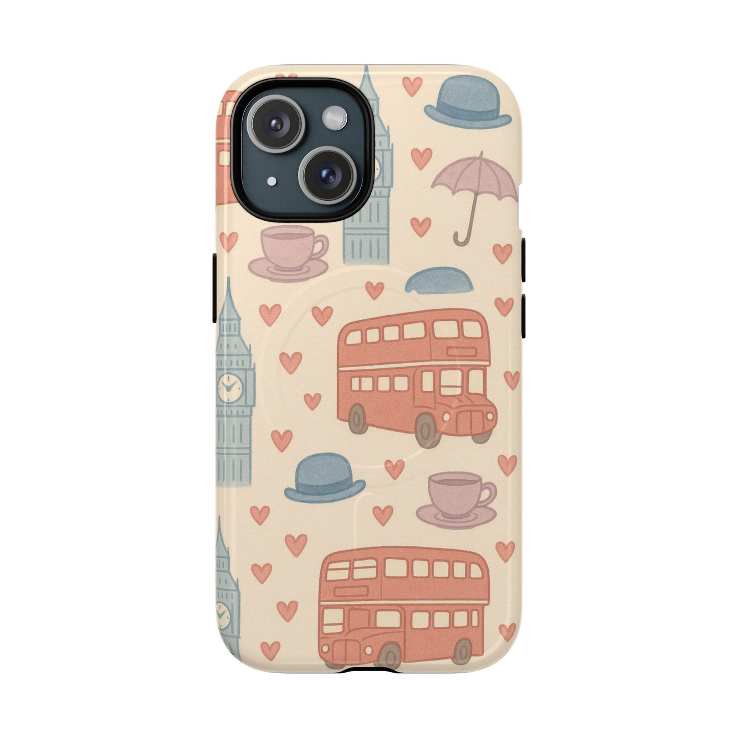 London Icons Hand-Drawn iPhone Case — Cute Double-Decker Bus & Big Ben Pattern with MagSafe compatibility
