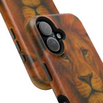 Close-up of phone cases in two sizes with realistic lion face design and black buttons