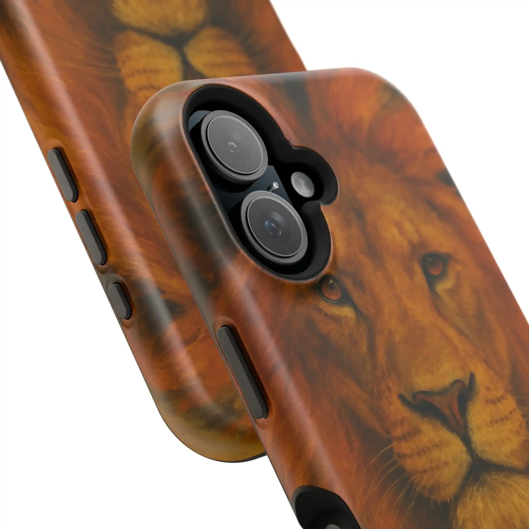 Close-up of phone cases in two sizes with realistic lion face design and black buttons