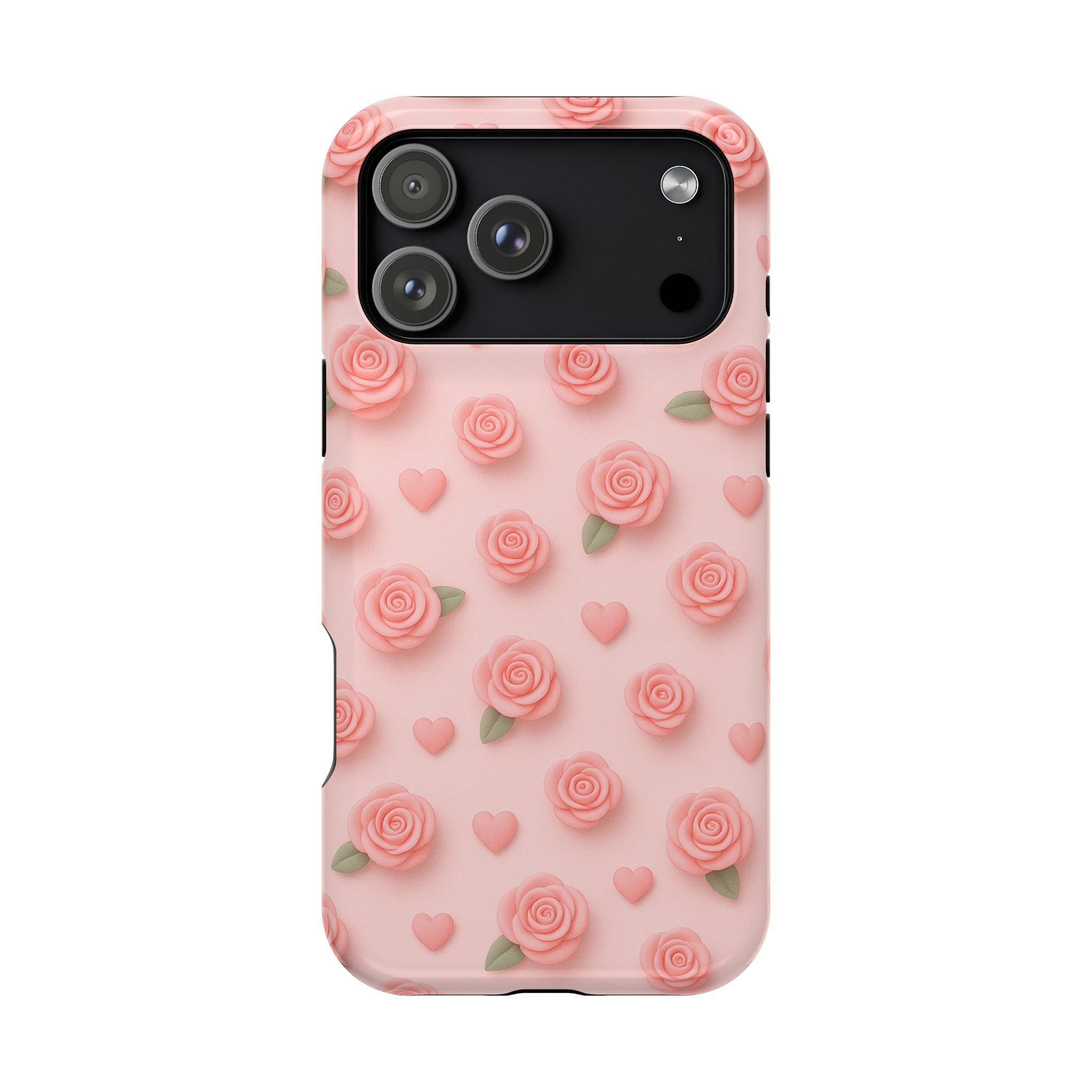 Pink Rose Pattern Impact iPhone Case — Floral Hearts Protective Cover (MagSafe compatible)  Shamo's iPhone 17 Pro Max / Glossy