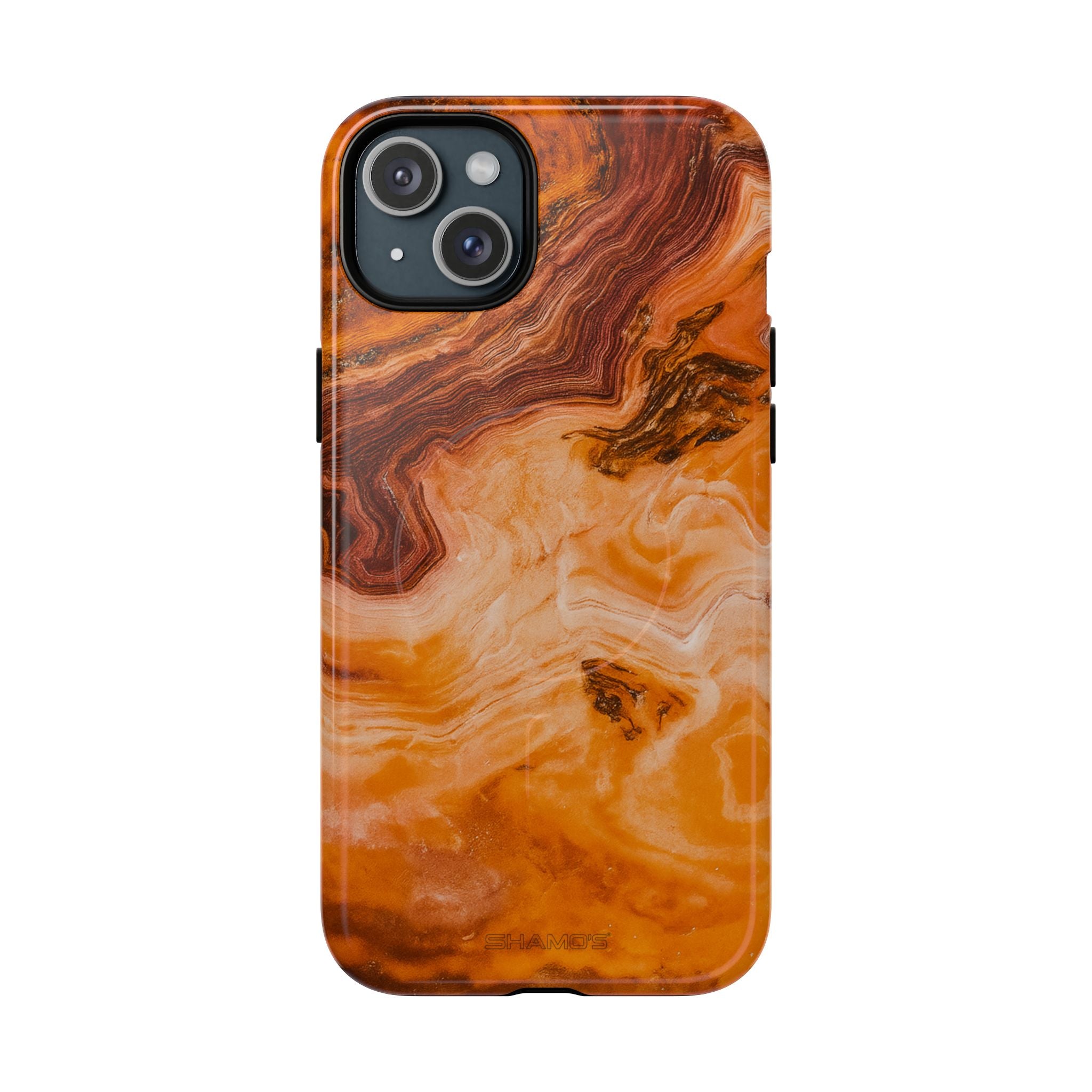 Phone case with swirling amber, orange, and brown agate-style pattern #iphone-15-plus