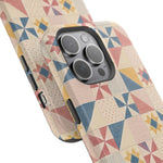 Prairie Quilt – Pastel Patchwork Pattern MagSafe Phone Case, glossy square triple-camera Pro model, camera and side-button close-up