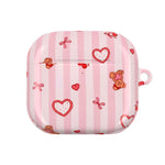 Pink Teddy Hearts AirPod Case, Cute Striped Protective Cover
