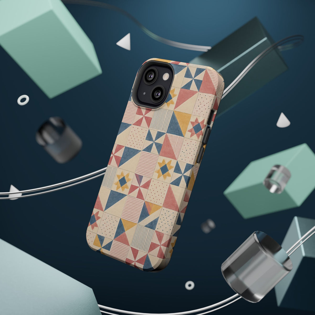 Prairie Quilt – Pastel Patchwork Pattern MagSafe Phone Case, glossy diagonal dual-camera model, rear view with magnetic accessories