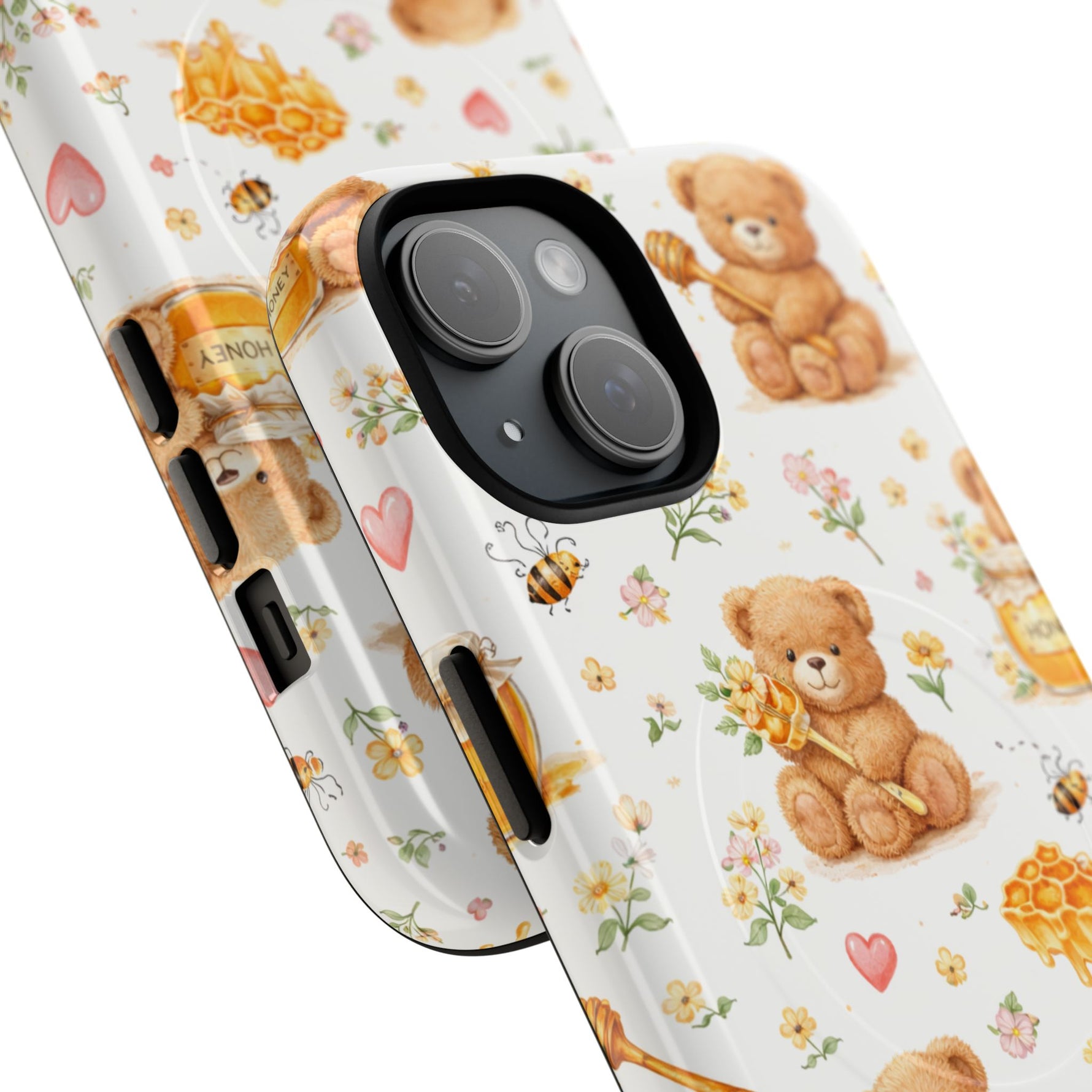 Honey Teddy Bear iPhone Case — Yellow Bee & Honey Pot Design with MagSafe
