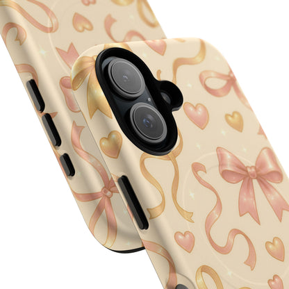 Festive Bow Charm iPhone Case — Pink & Gold Ribbon Hearts with MagSafe