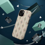 Desert Diamonds – Pastel Geometric Pattern MagSafe Phone Case, glossy diagonal dual-camera model, rear view with magnetic accessories
