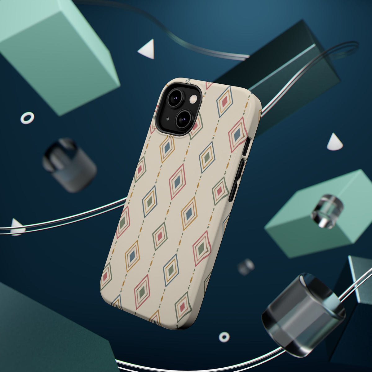 Desert Diamonds – Pastel Geometric Pattern MagSafe Phone Case, glossy diagonal dual-camera model, rear view with magnetic accessories