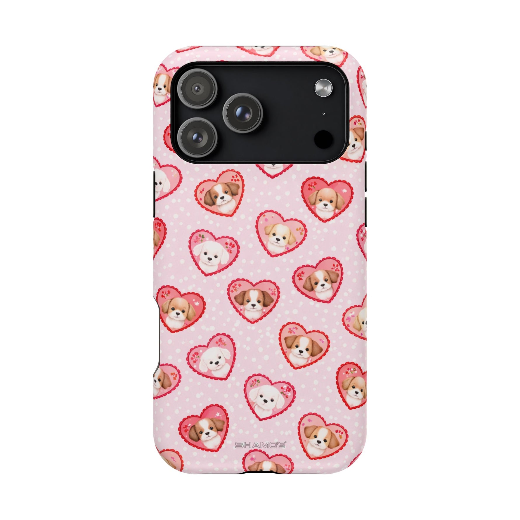 Pink Puppy Heart Pattern MagSafe Impact-Resistant iPhone Case, Valentine Phone Cover