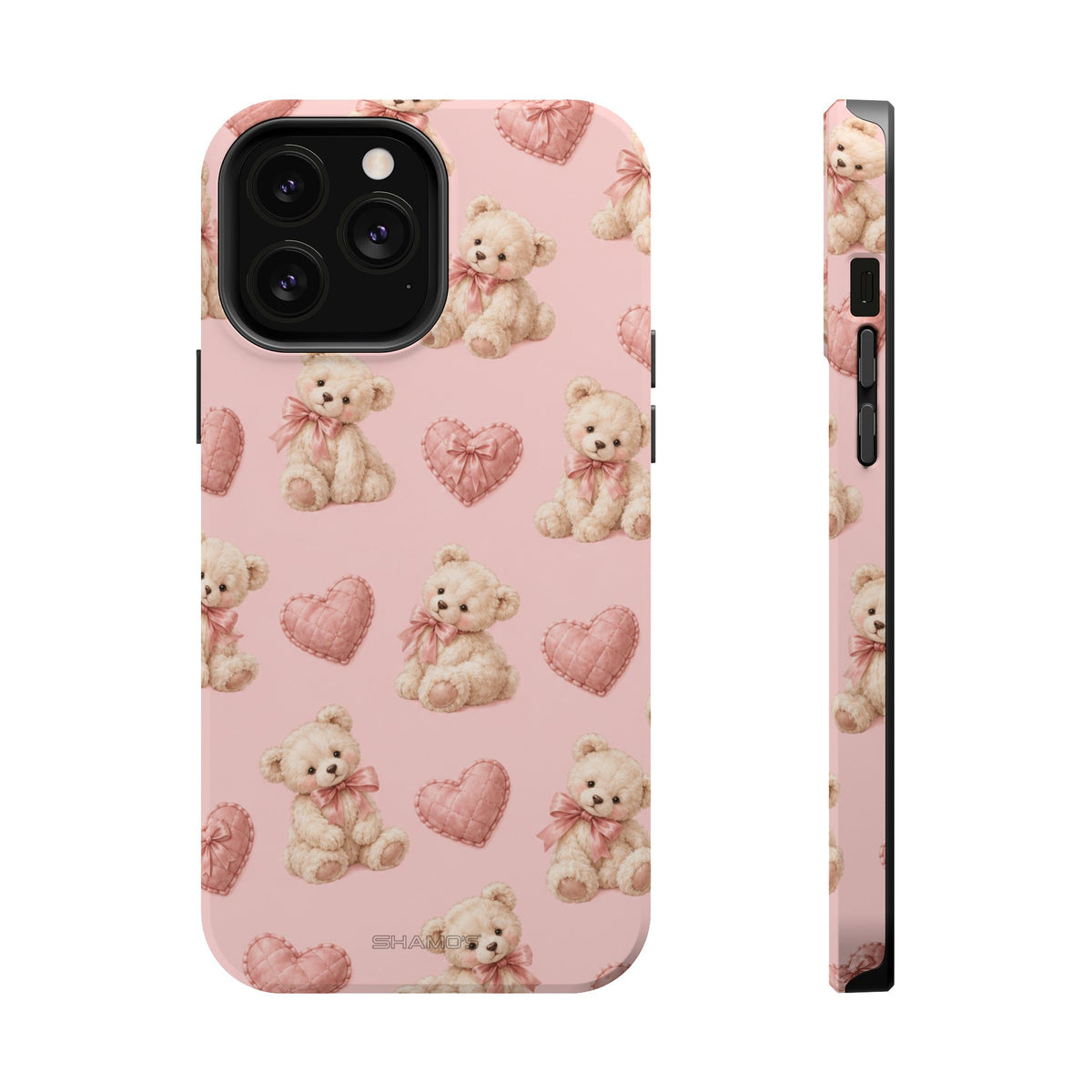 Pink Teddy Hearts Love iPhone Case, Impact-Resistant MagSafe Compatible