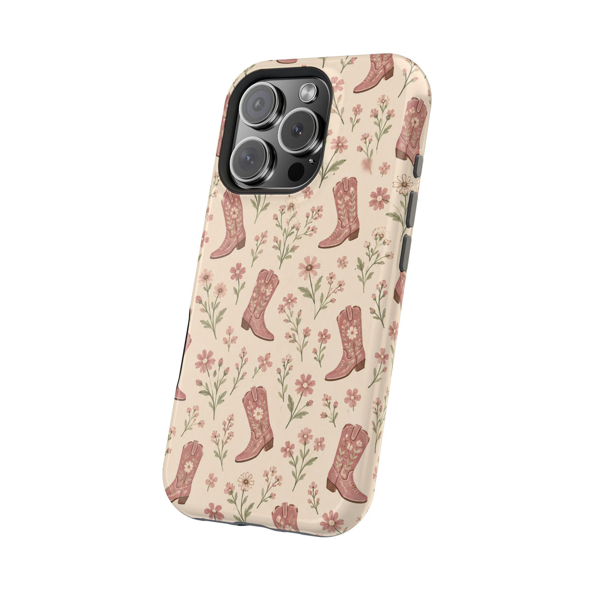 Floral Boots MagSafe Phone Case, glossy square triple-camera Pro model, angled rear view